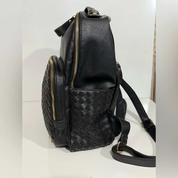 MADISON WEST Black woven pocket vegan leather Backpack with brass hardware - Picture 6 of 9